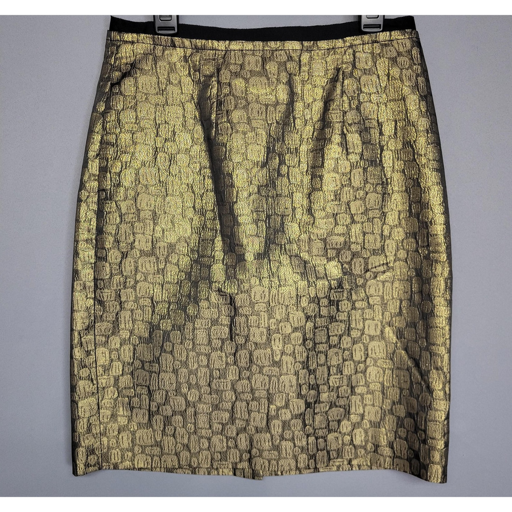 Ann Taylor Loft Skirt Womens 0 Gold Black Metallic Brocade Jacquard Pencil Party